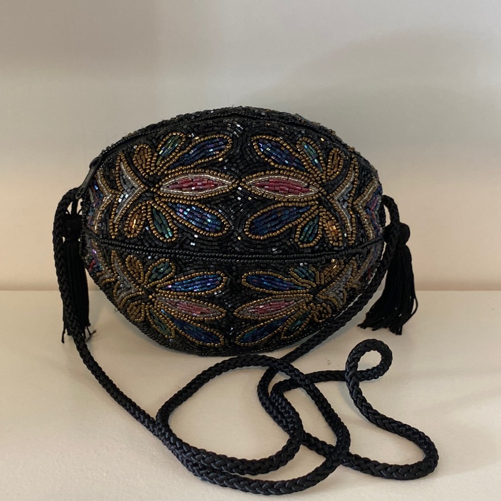 Vintage 80’s Larella round multi color round beaded purse